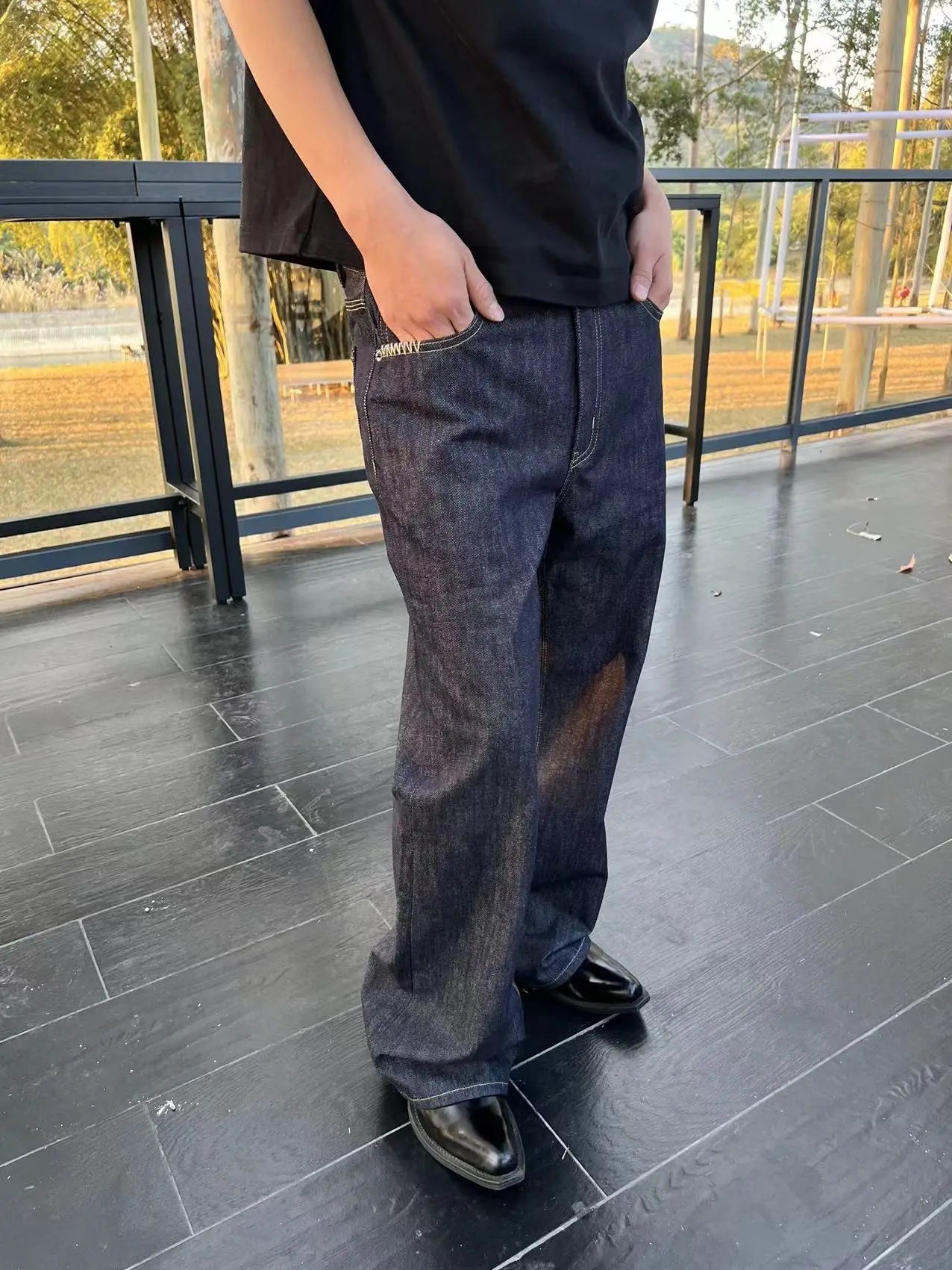 Frofooo Menswear 16Oz Slightly Flared Fit Raw Denim Pants, Plain Mens Trouser Clothes for Summer Wear Blue Flared Jeans Men'S Bootcut Jeans Lightweight Jeans Cotton Classic Relaxed Fit for Men 100% Cotton Denim